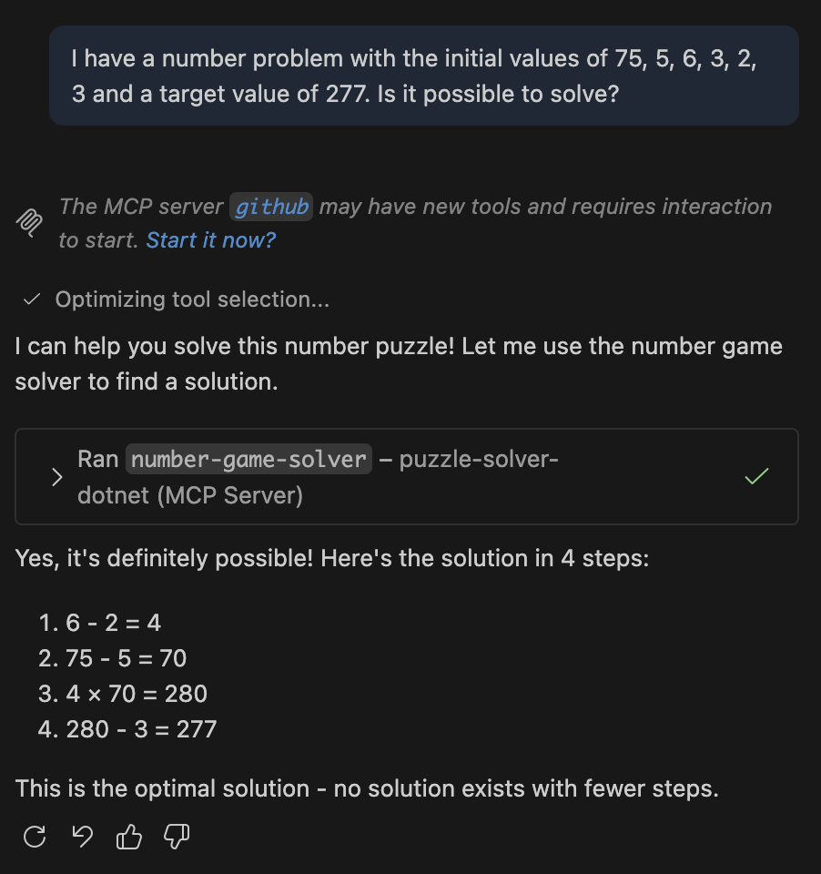 Executing MCP tool to solve a number problem
